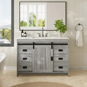 48" Farmhouse Bathroom Vanity with Ceramic Top, Gray Single Sink Cabinet with Sliding Barn Door & Storage