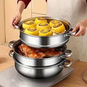 Stainless steel three-layer steamer with glass cover set - Large steamer, thickened one-piece design for restaurants All stainless steel