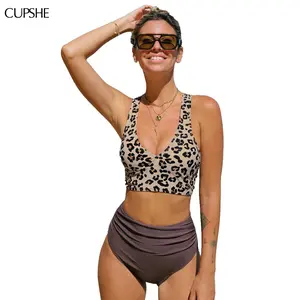 CUPSHE Iconic Leopard Print Midkini Set Swimsuit - High-Waisted Tummy Control Bikini with Cross Back Support (XS-XXL) | 2026 Fierce Vacation Outfits
