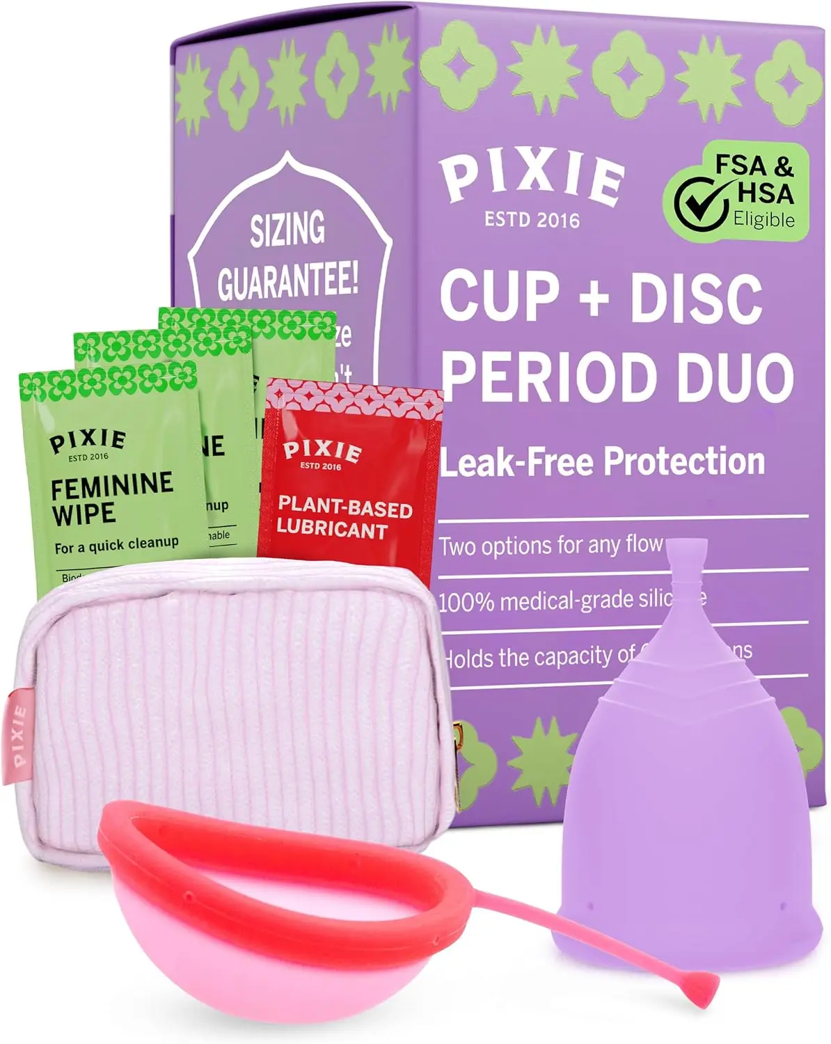 Pixie Menstrual Cup & Disc Duo for Feminine Care - Ranked 1 for Most Comfortable Reusable Period Cup & Disc - Buy One We Give One - Includes Ebook Guide, Flushable Wipes, Lube, Sanitizer & Storage Bag