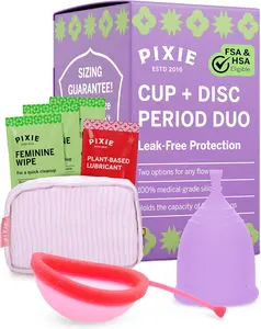 Pixie Menstrual Cup & Disc Duo for Feminine Care - Ranked 1 for Most Comfortable Reusable Period Cup & Disc - Buy One We Give One - Includes Ebook Guide, Flushable Wipes, Lube, Sanitizer & Storage Bag