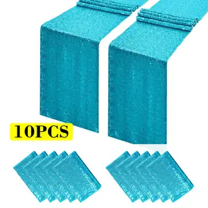 10 Pcs-12x72 Inches Sequin Table Runner, Turquoise Glitter Table Runner for Birthday Party Supplies Wedding Engagement Baby Shower Holiday Celebration Event Decorations
