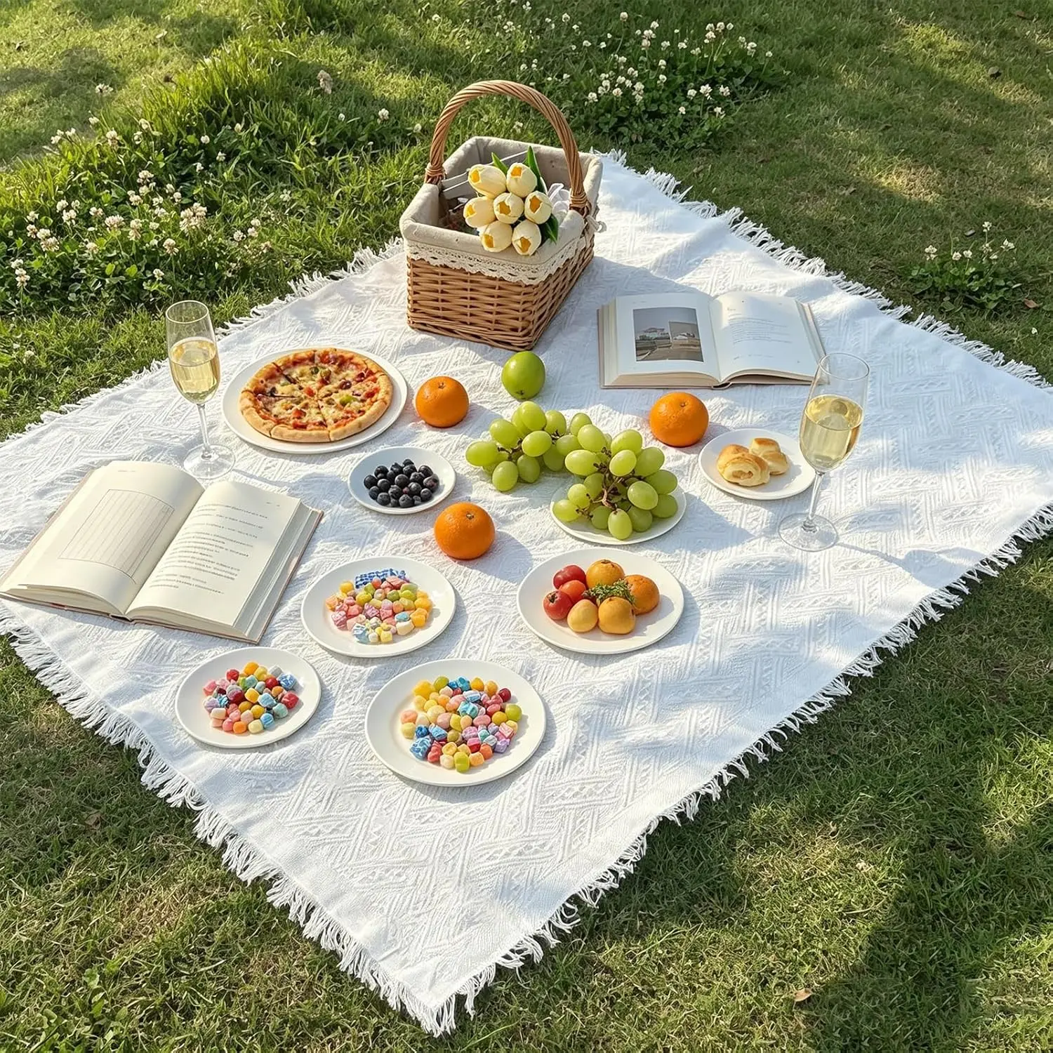 Picnic blanket with fringe, outdoor beach blanket, machine-washable and portable camping blanket—perfect for outdoor dining and relaxation, making it an ideal choice for picnics and outdoor activities