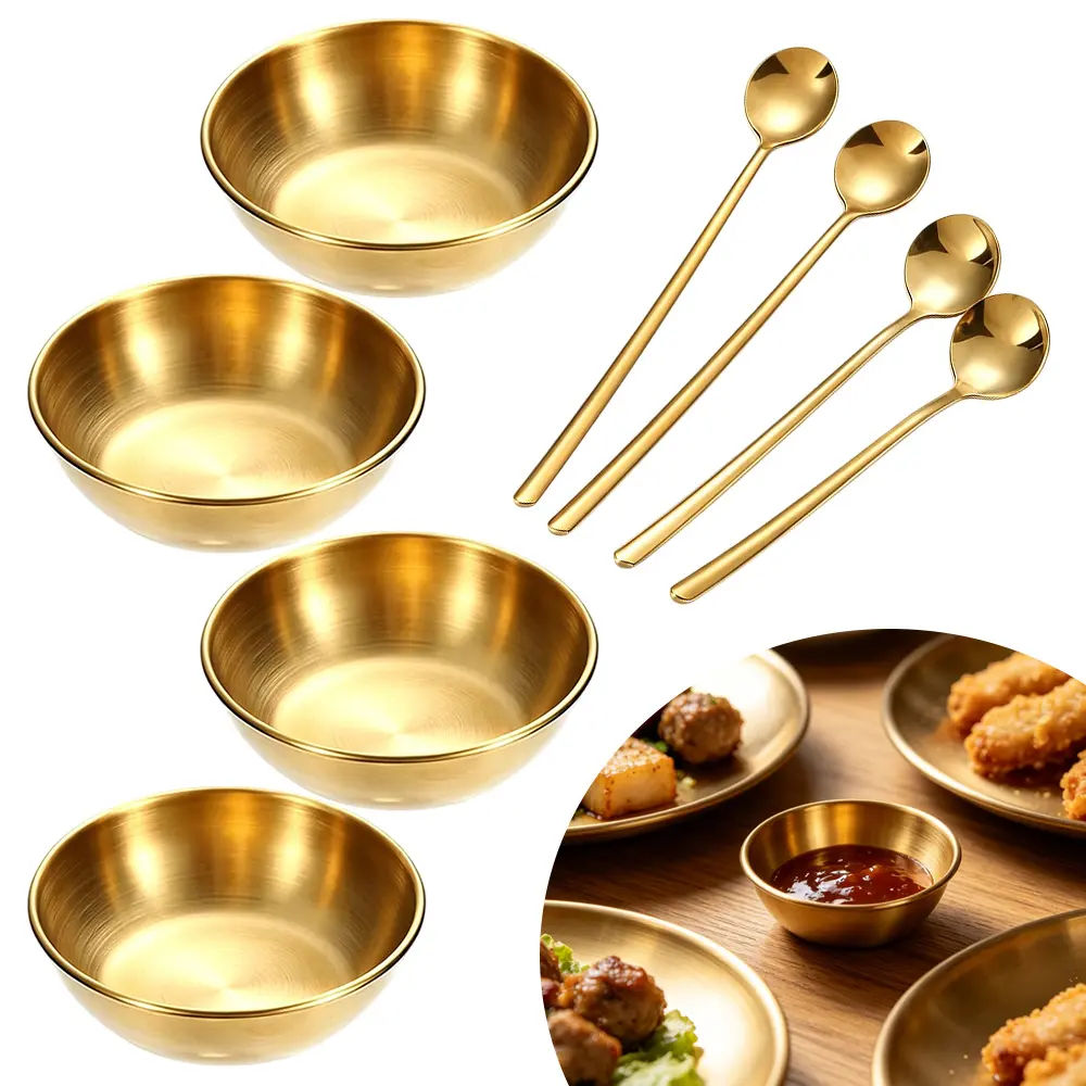 Gold Plated Mini Bowls and Spoons, 8-Piece Stainless Steel Tableware Set for Salad Sauces, Dips, Desserts, and Party Serving, Long Spoons, 8 Pcs, Metal Tableware, Multi-Purpose, Chip Dip Bowl, Kitchen Dinnerware Gadgets, Metallic