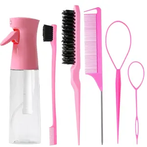 6-Piece Hair Styling Combs Set with 200ml Continuous Spray Bottle - Includes Edge Control Brush, Rat Tail Comb, Combing, Braiding & Slicking Hair Haircare Heatless