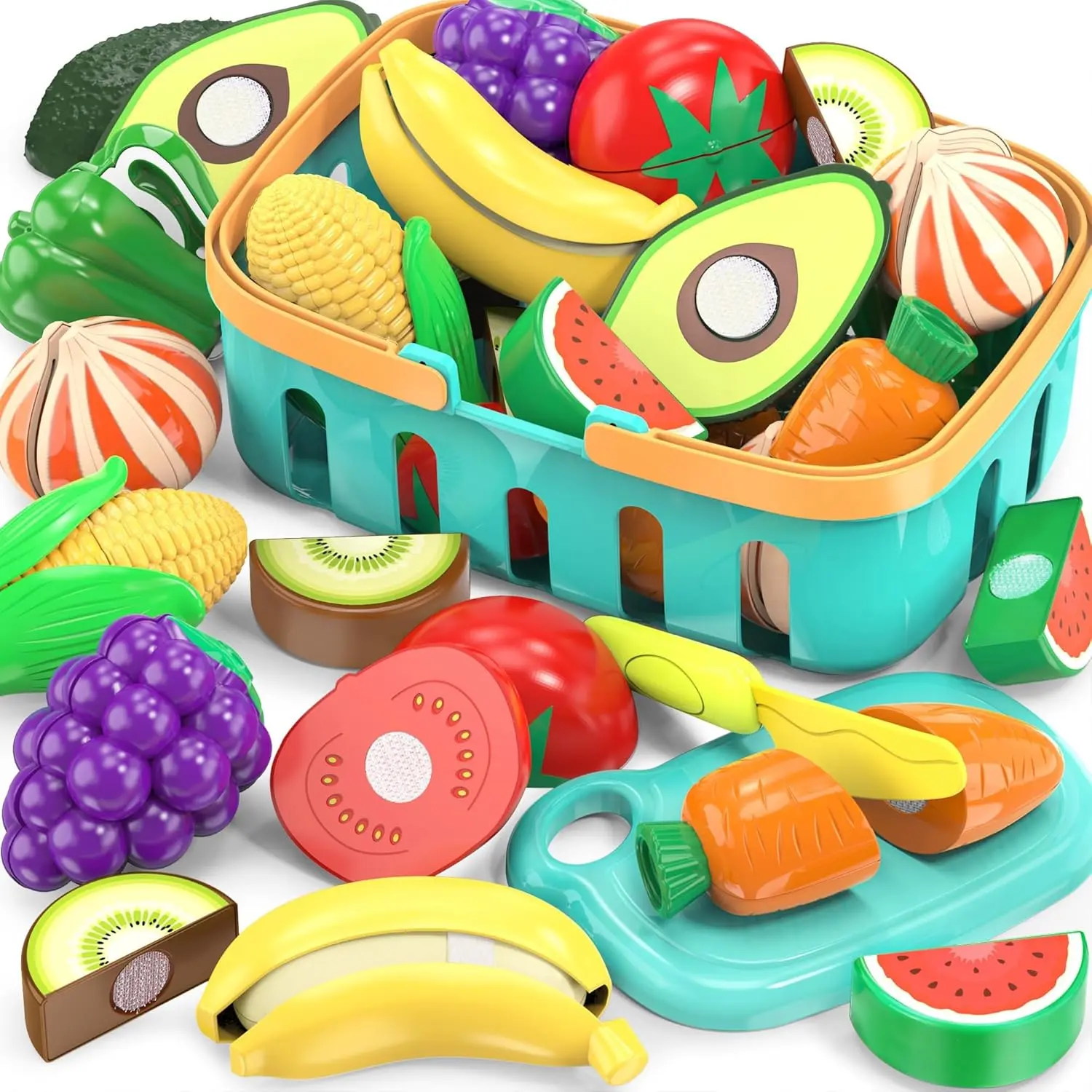 Halloween Fall Gift  Cutting Play Food Toys for Kid, Pretend Play Kitchen Accessories, Fake Food | Fake Fruits/Vegetables Set With Shopping Storage Basket, Plastic Board And Knife, Birthday Gifts/Educational Toy For Toddler