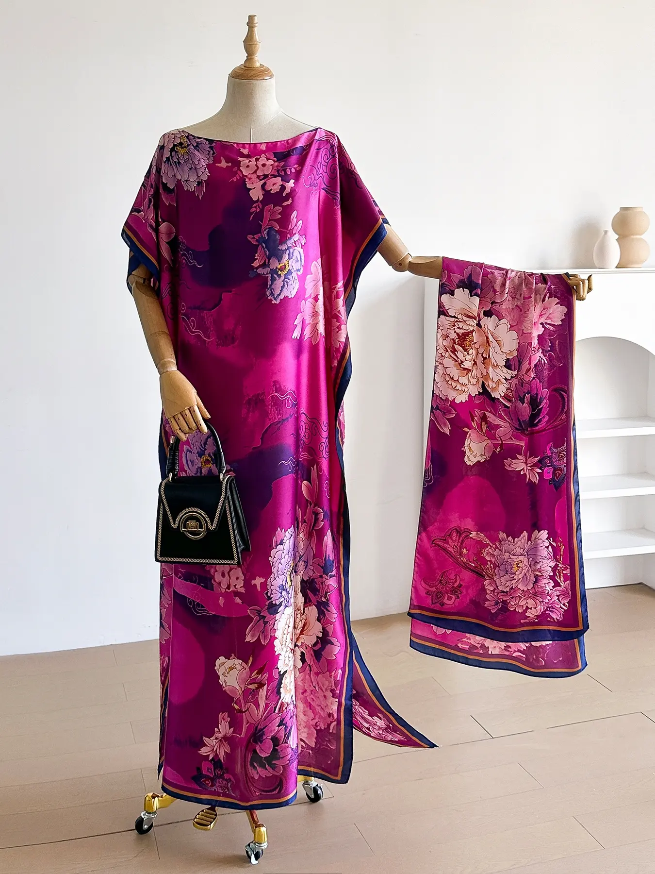 Elegant Floral Print Dress Set, Long Robe & Scarf, Beach Cover-Up, Sun Protection, All Seasons Wear, Women's Fashion, Beach Outdoor Wear, Beach Cover Ups, Beach Coverups
