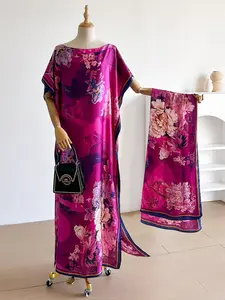 Elegant Silk Floral Print Dress Set, Long Robe & Scarf, Beach Cover-Up, Sun Protection, All Seasons Wear, Women's Fashion, Beach Outdoor Wear