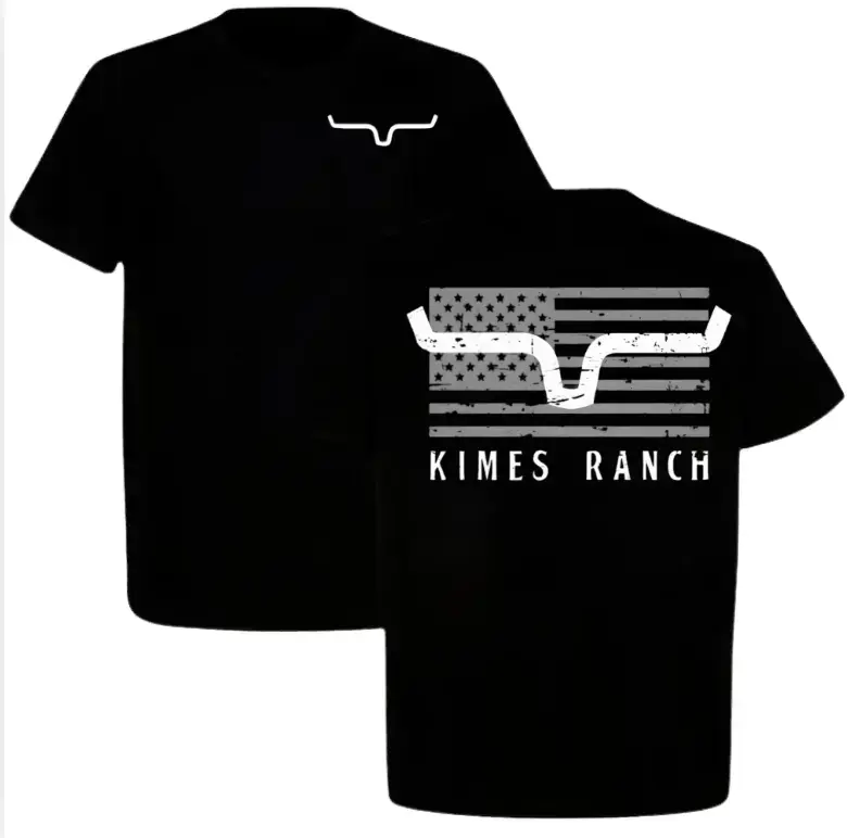 Kimes Ranch Bull Horn Print T-shirt, USA Flag Print Tee, Western Patriotic Ranch Graphic Tee, Western Style T-shirt, Men's Apparel