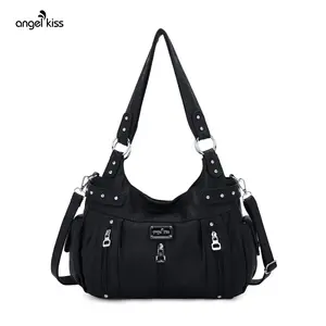 Angelkiss Women's Large Purse and Tote Washed faux leather crossbody Bag Hobo Crossbody Bag Shoulder Tote bag vintage  bag cute  black  tote bag tote bag for women tote bag tote bag for women tote bags