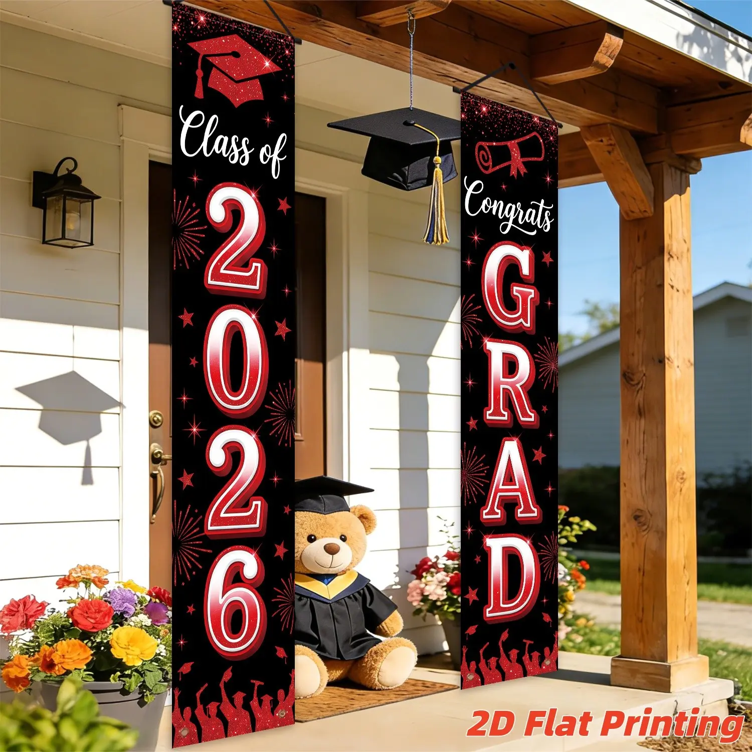 2dflat2 Graduation Polyester Flat Banner Set, Gold Glitter, Cap & Diploma Elements, Perfect for 2026 Graduation Celebration, Campus Event Decor, Party Decorations Banners