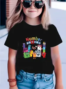 Bright  Girls' Summer Knit T-Shirt - Colorful Number Blocks Cartoon Print, Soft Cotton, Round Neck, Short Sleeve, Casual & Comfy for Youngsters, Girls Tshirts, trendy tops for school