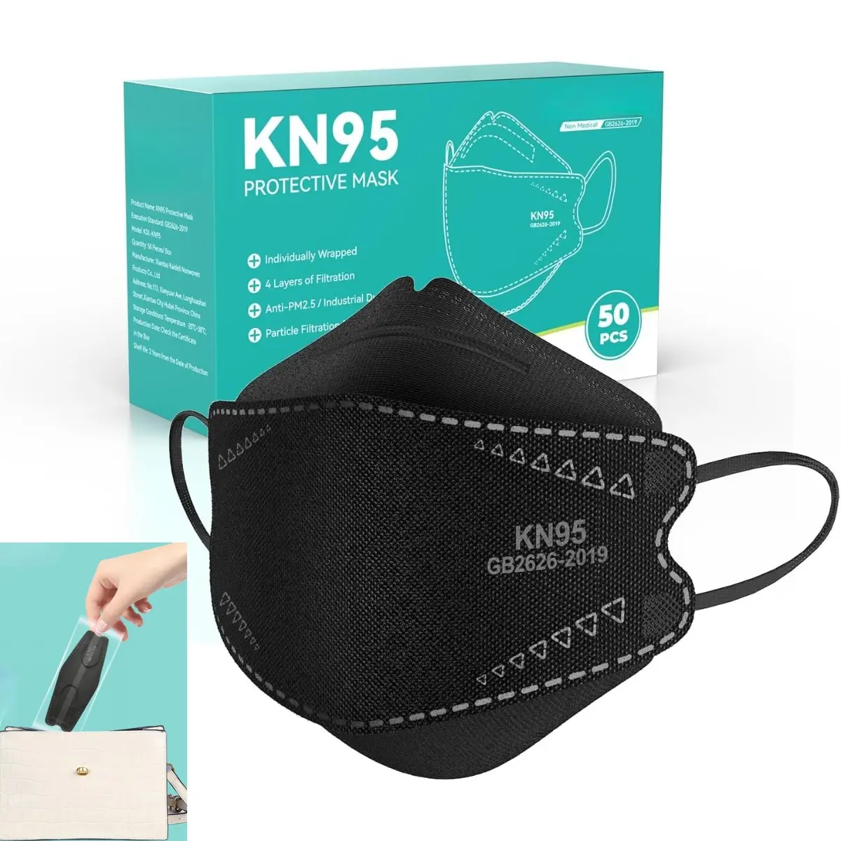 Adult KN95 Face Masks, Black 50-Pack Individually Wrapped, Breathable Disposable Masks with Elastic Ear Loops, Summer-Ready for Sports & Outdoor Protection, Kn95 Mask