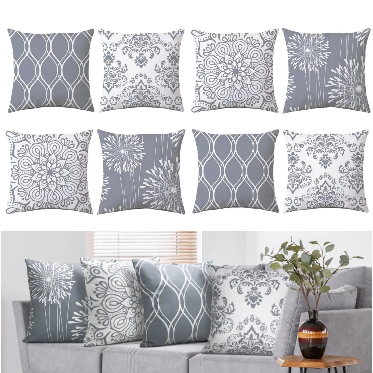 Linen Throw Pillow Covers Set (8-Pack, 2 Sets), 18x18 in, Modern Simple Geometric Gray White Line Pattern Square Cushions for Couch, Patio, Home Decor, Decorative Cover Cushions, Modern Cushion Covers
