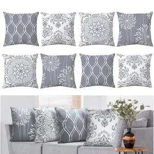 Modern Simple 8 Pack 2 Set Linen Throw Pillow Covers 18 X 18 Inch Geometric Print Gray White Line Pattern Square Cushions for Couch Patio Sofa Home Decor
