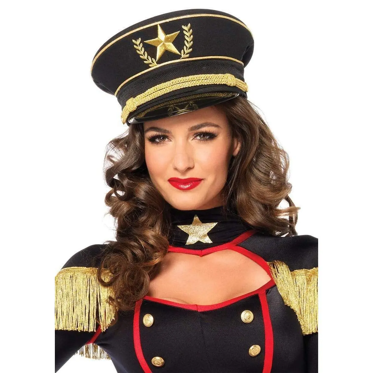 Women's Glam Military Hat with Vinyl Brim and Gold Embroidery, Polyester Costume Accessory for Halloween & Festivals, Accessories, Embroidered, Versatile Party-Ready Accessory