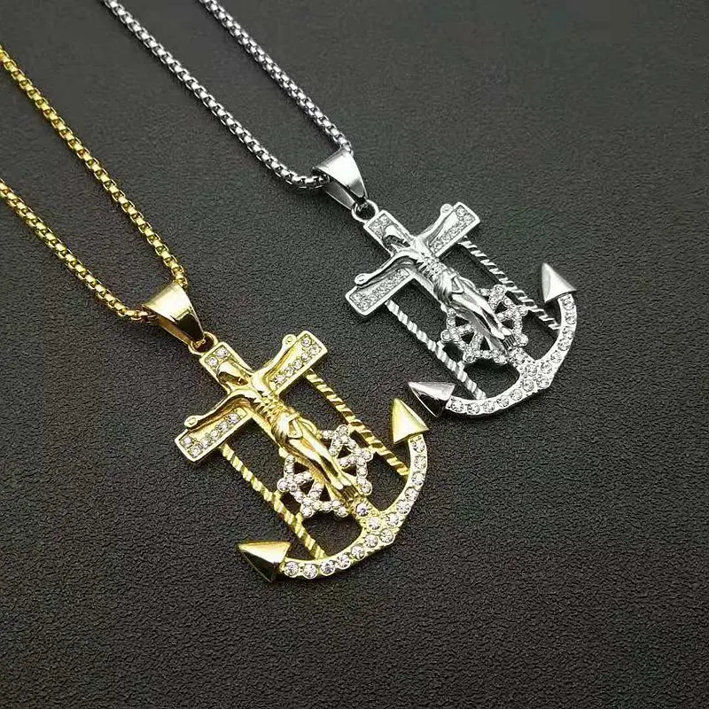 Titanium Steel Gold-Plated Diamond-Encrusted Anchor-Cross Pendant Necklace - Unisex Retro Hip-Hop Statement, Crucifix, Anchor Motif Costume Jewelry Accessory, Statement Necklaces, Crucifix Necklaces