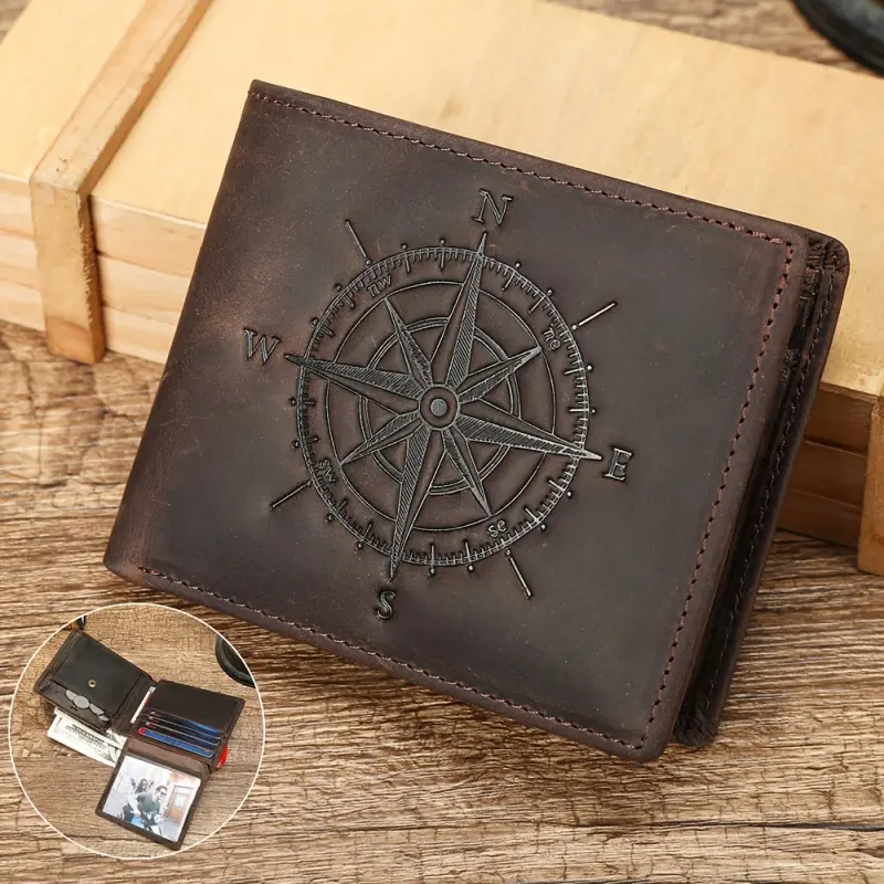 Men's Fold-Over Genuine Leather Wallet - Top-Grain Cowhide, Crazy Horse Leather Belt, Embossed Vintage Compass Diagram, Classic Bi-Fold Card Holder, Nordic Vintage Nautical Style, Explorer Gift, Fold-Over Men's Wallets