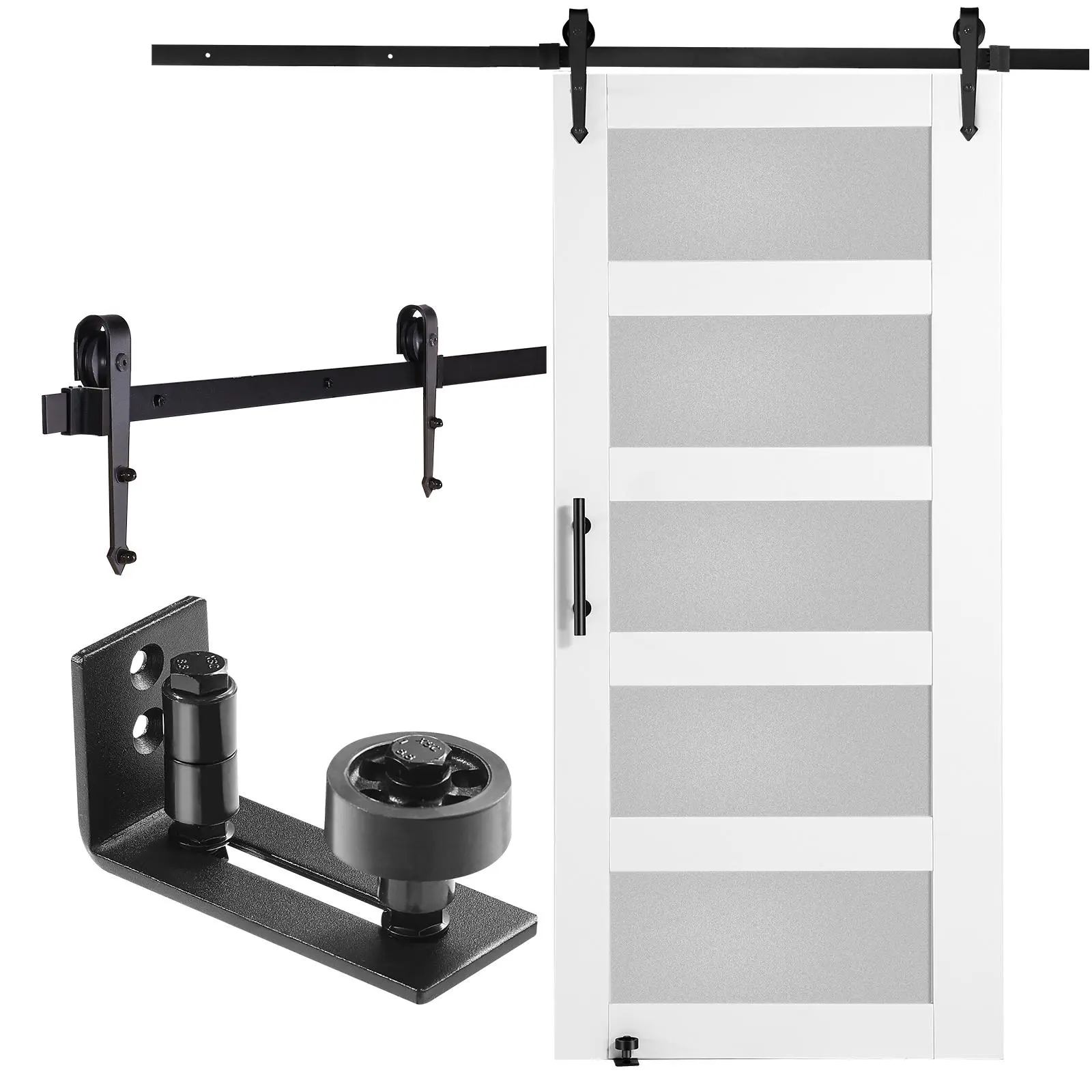 VEVOR Barn Door and Hardware Kit,  , 42" x 84" Wood and Glass Sliding Barn Door, Smoothly and Quietly, Barn Door Kit with 8-in-1 Floor Guide and Door Handle, Spruce Wood Slab and Frosted Glass#BacktoSchool