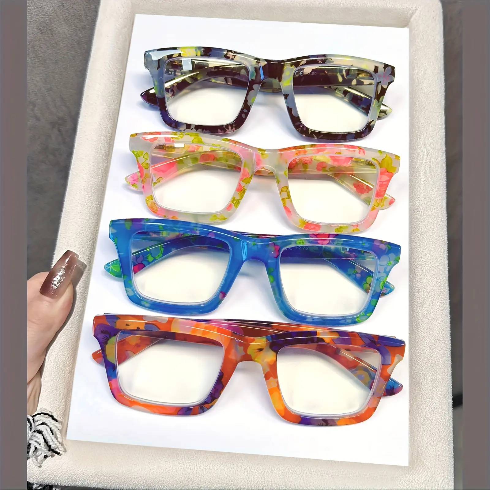 Unisex Anti-Blue Light Reading Glasses (4 Pairs, Single Item) - Comfortable Spring-Leg Frames, Large Square Color Block Design, +1.5 to +4.0 Strength, Fashionable Daily Eyewear, Set, Adults, Daily Wear, Plastic, Full Rim, Rectangular, Female