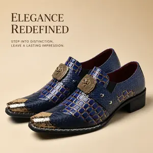 SHOEMAN Officia Men's Business Dress Shoes Blue reptile embossed finish with gold lion buckle accent | Dress Shoes