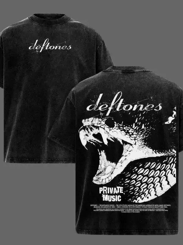 Deftones Graphic Tshirt for Music Lovers, Vintage Distressed Heavy Cotton Shortsleeve with Double-Sided Snake Art Print, Unisex Fit, Casual, Crew Neck, Double Print
