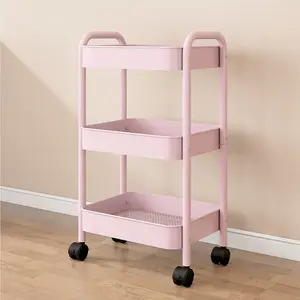 3 Tier Rolling Cart, Metal Utility Cart with 4 Hooks Storage Cart on Wheels Craft Cart with Handle for Organizer Storage for Classroom Office Dorm Home (Pink/White)