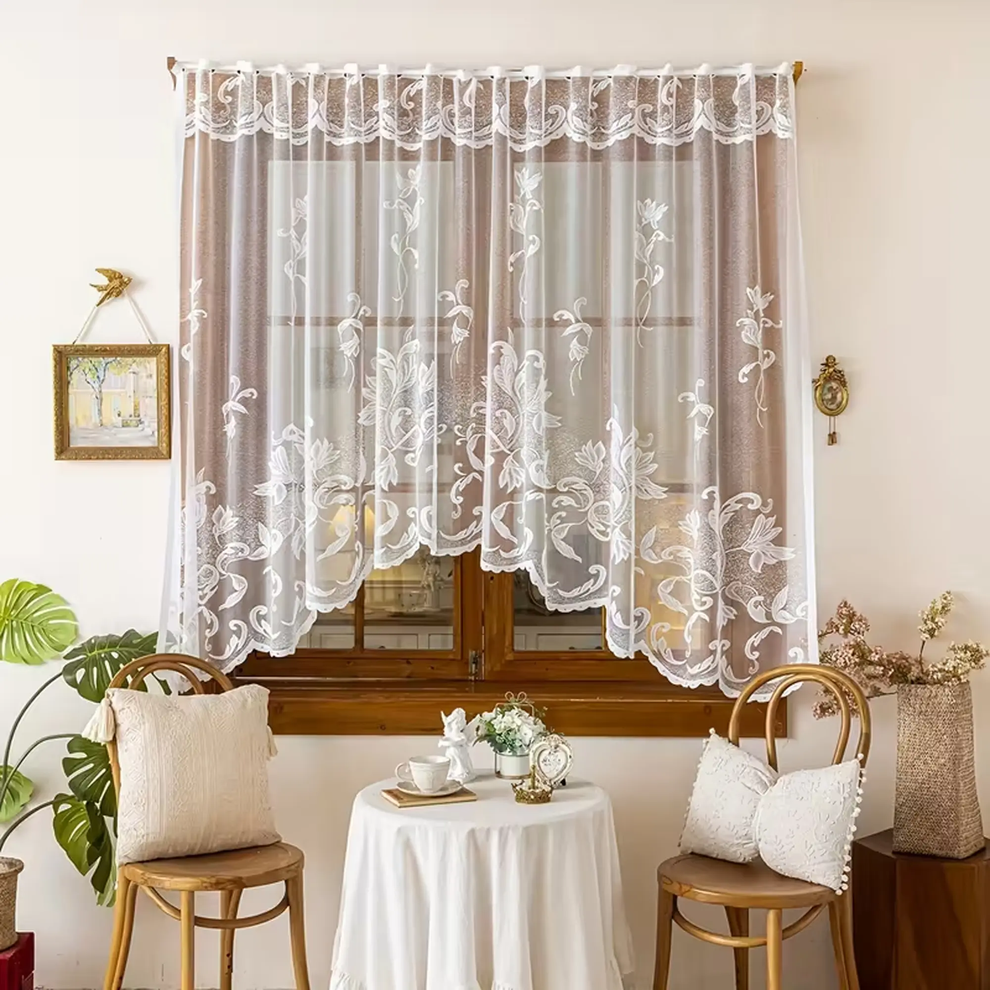 1pc French European Lace Peony Large Triangle Partition Curtain, Embroidered Flower Coffee Door Curtain, Short Window Curtains, Home Decoration Curtain, Room Decor Curtain, Home Decorative Curtain