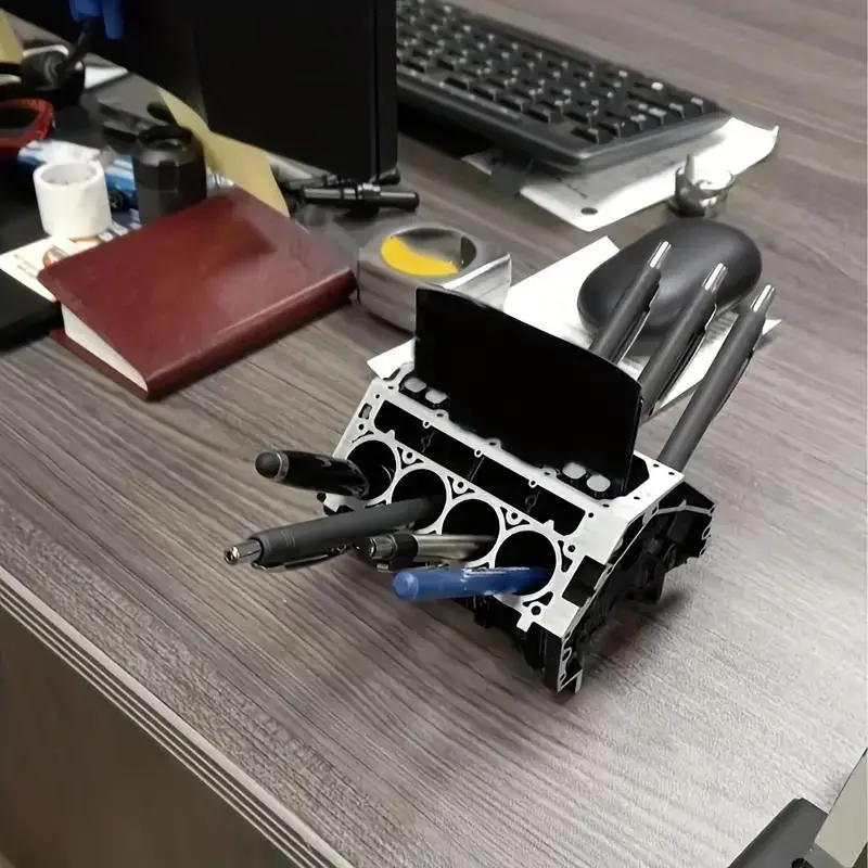 Unique Engine Block Resin Desktop Organizer, Office Desk Accessories, Desk Organizers, Business Card Holder and Pen Stand, Perfect Gift for Car Enthusiasts and Mechanics, Artistic Home Decoration