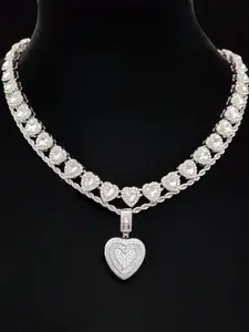 2Piece/Set Women Hip Hop Heart Pendant Necklace Set Jewelry, Artificial Zirconia & Glass Rhinestone Chain Necklaces, Street Style Jewelry for Daily Wear or Party Gifts