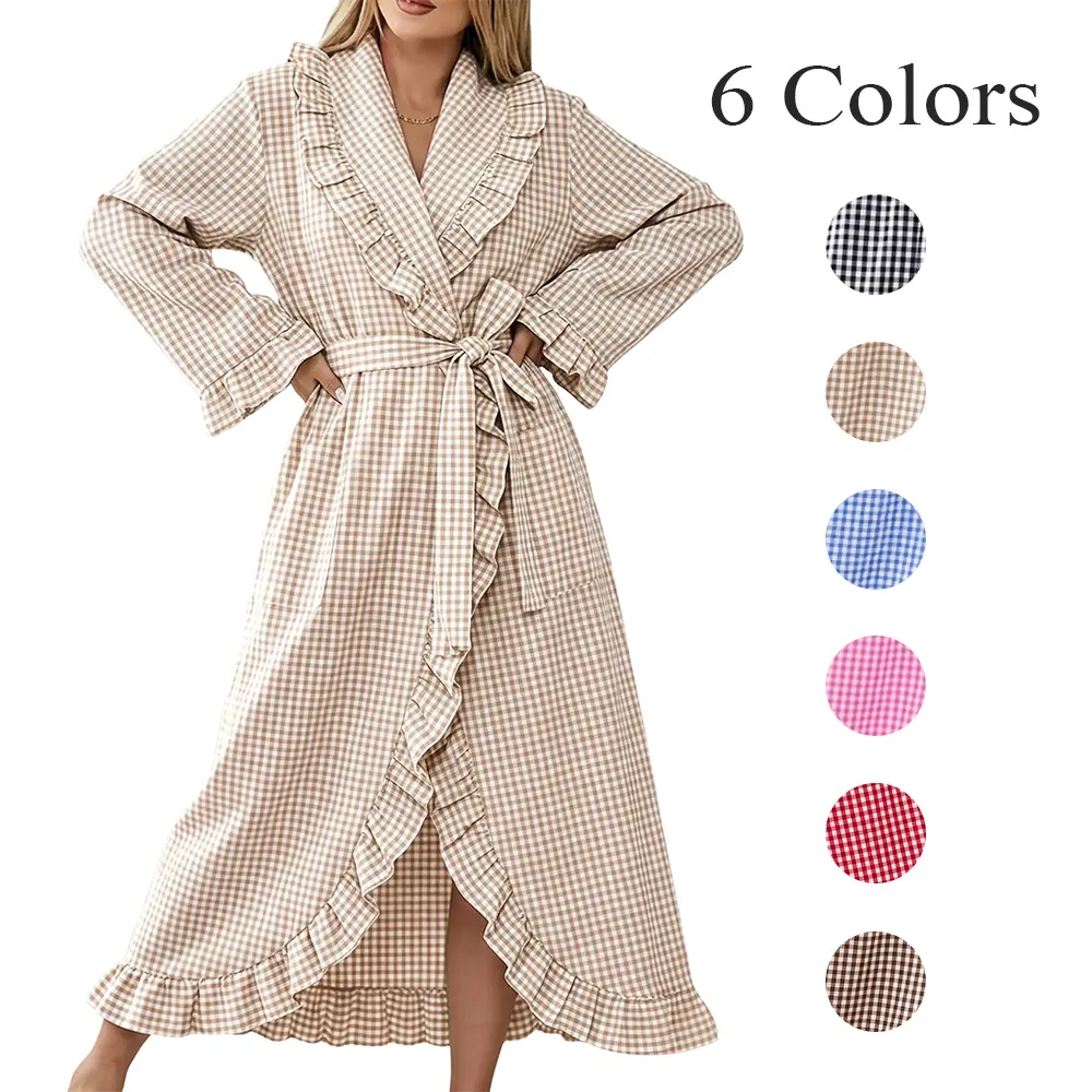 Cotton Robes for Women Gingham Long Sleeve Ruffle Trim Robe Bathrobe Lightweight Plaid Loungewear Sleepwear