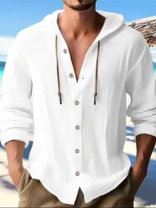 Men's Fashion Casual Beach Hooded Long Sleeve Cardigan, Breathable Lightweight Linen Shirt, 95% Linen 5% Polyester, All Seasons Wear