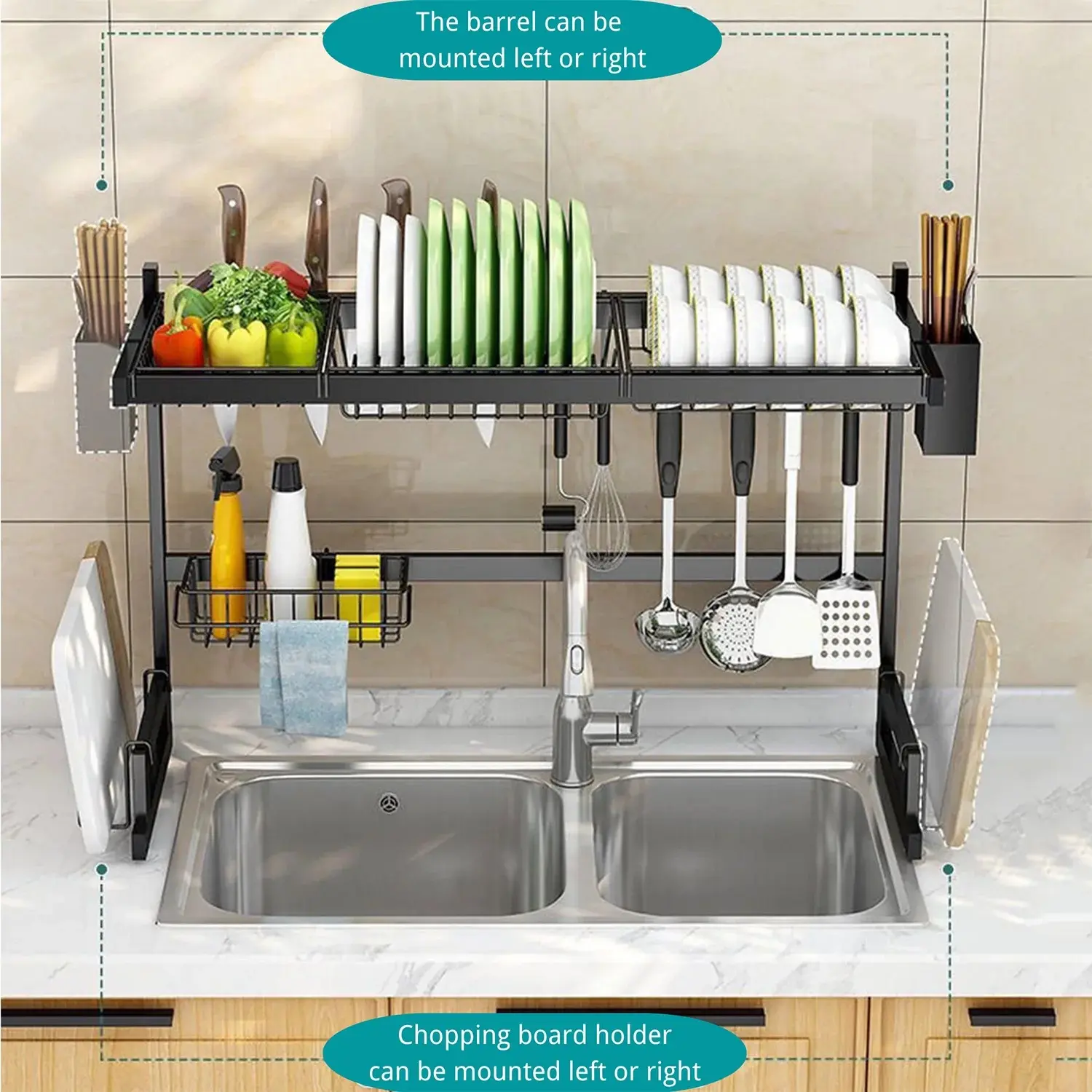 SURUIHK 2-Tier Stainless Steel Rectangle Oversink Dish Drying Rack - Hanging Mount Organiser with Space-Saving Dual-Tier Spacing, Countertop Stand, Draining Boards, Adjustable Foldable Shelf, Bowl Holders, Hang Utensils, Easy Installation
