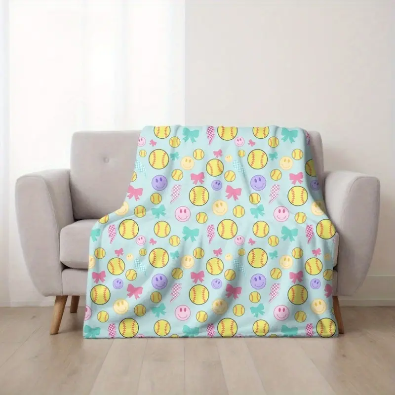 Teal Velveteen Softball Plush Throw Blanket - Retro Vintage Colorful Print with Smiley Face, Light Blue, Yellow, Pink, Purple, Green Balls - 280GSM Fade-Resistant Sports-Themed All-Season Cozy Blankets for Softball Room Decor, Throw Blankets