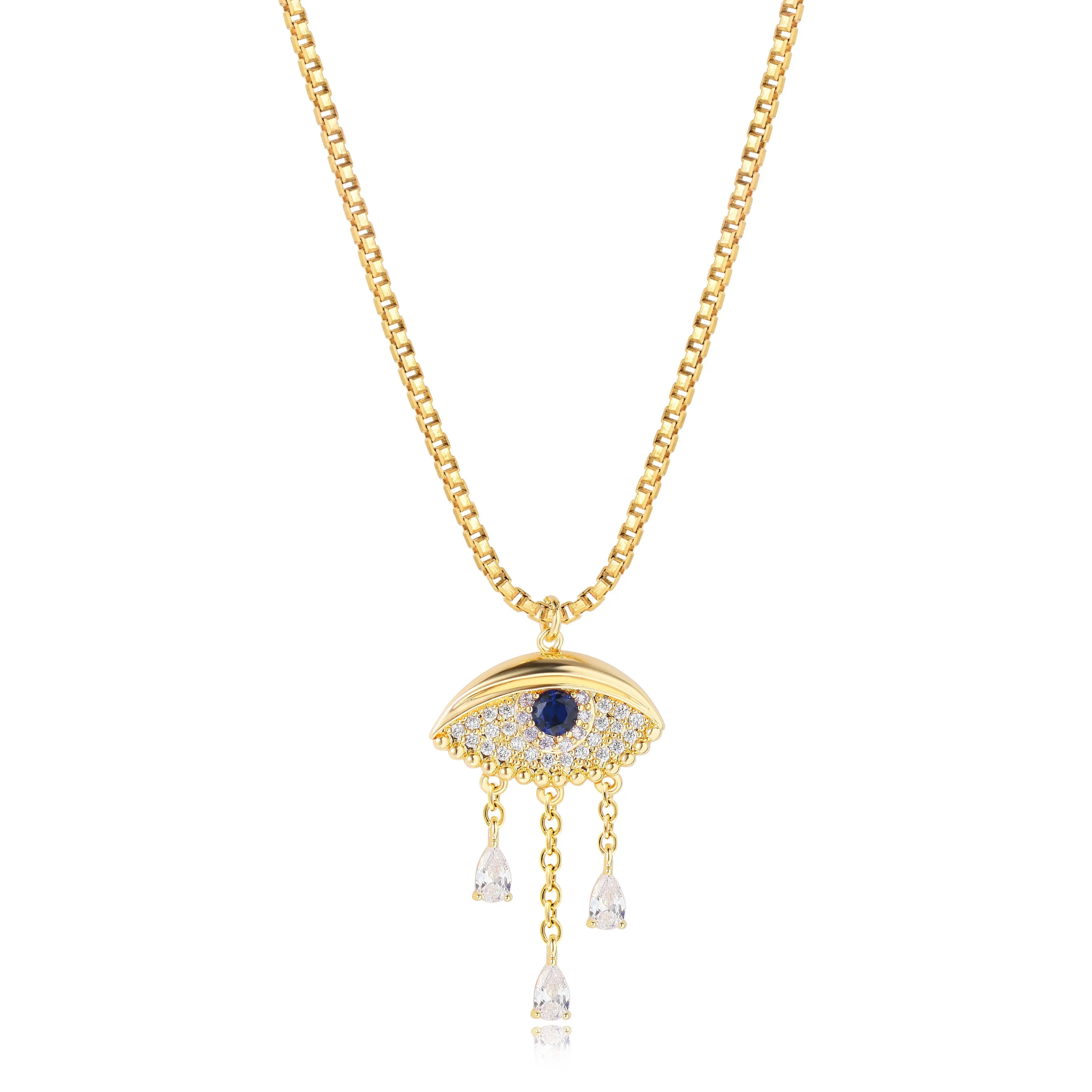 Fettero Gold Tone Evil Eye Pendant Necklace for Women, Minimalist Gold-Plated Cubic Zirconia Faith Jewelry, Adjustable Good Luck Gift, Gold Tone Necklace