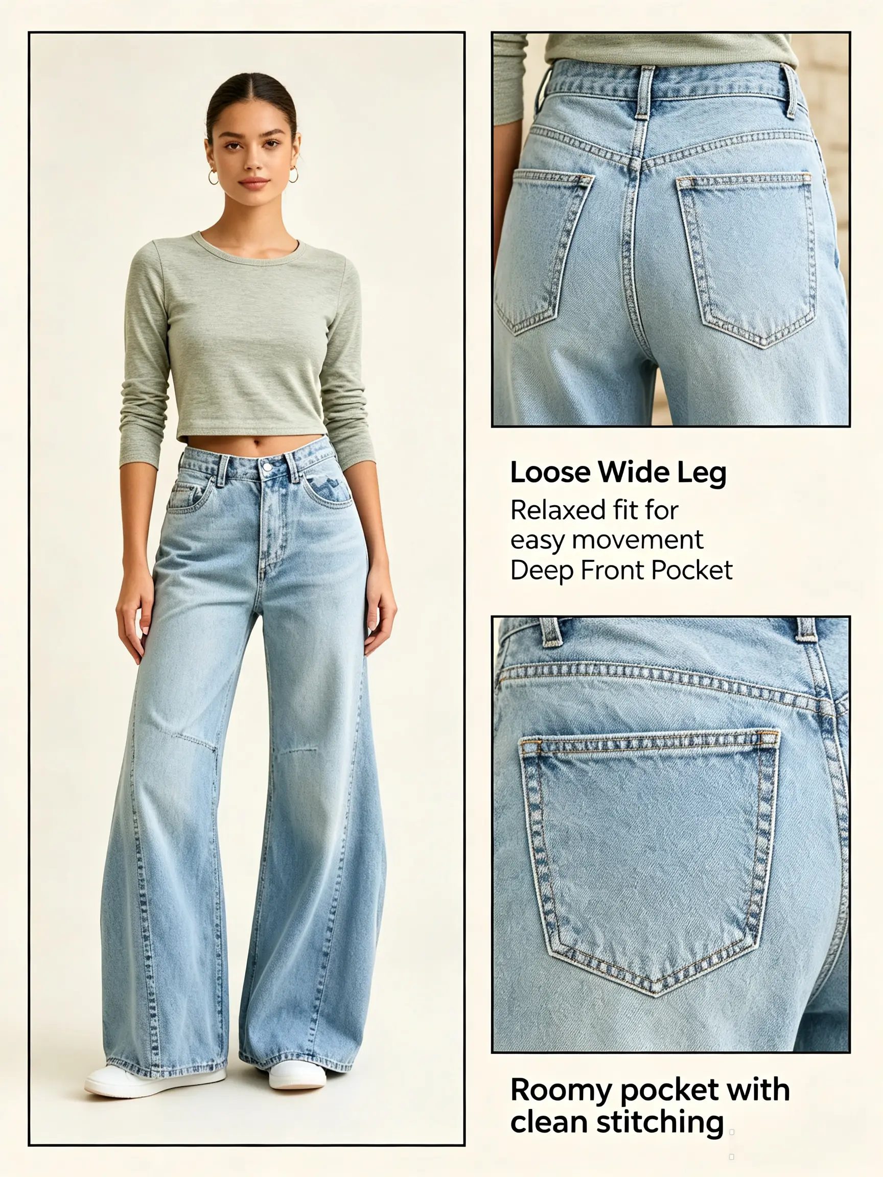 Women's Light Wash High Waist Wide Leg Denim Pants - Womenswear Bottoms with Casual Loose Fit, Deep Roomy Pockets, Neat Stitching for Everyday Wear