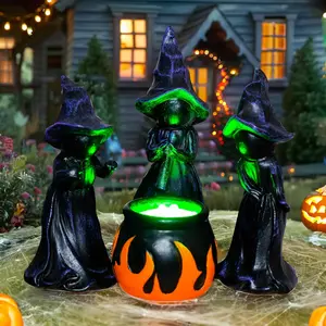4 count Halloween Miniature Witches Cauldron Figurine Table Decoration,  Scary Witches Lighted up Cauldron, Halloween Festival Supplies Indoor Outdoor Shelf Fireplace  Decor