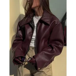 retro style women's PU motorcycle jacket Fashionable and classic, suitable for outdoor travel and daily wear