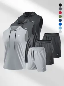 1/3-piece set Men's Sporty Fitted Suit Set, Workout Sets, Sleeveless Drawstring Hoodie, Soft Polyester Knit Pants, Breathable Quick-Dry Fitness Wear