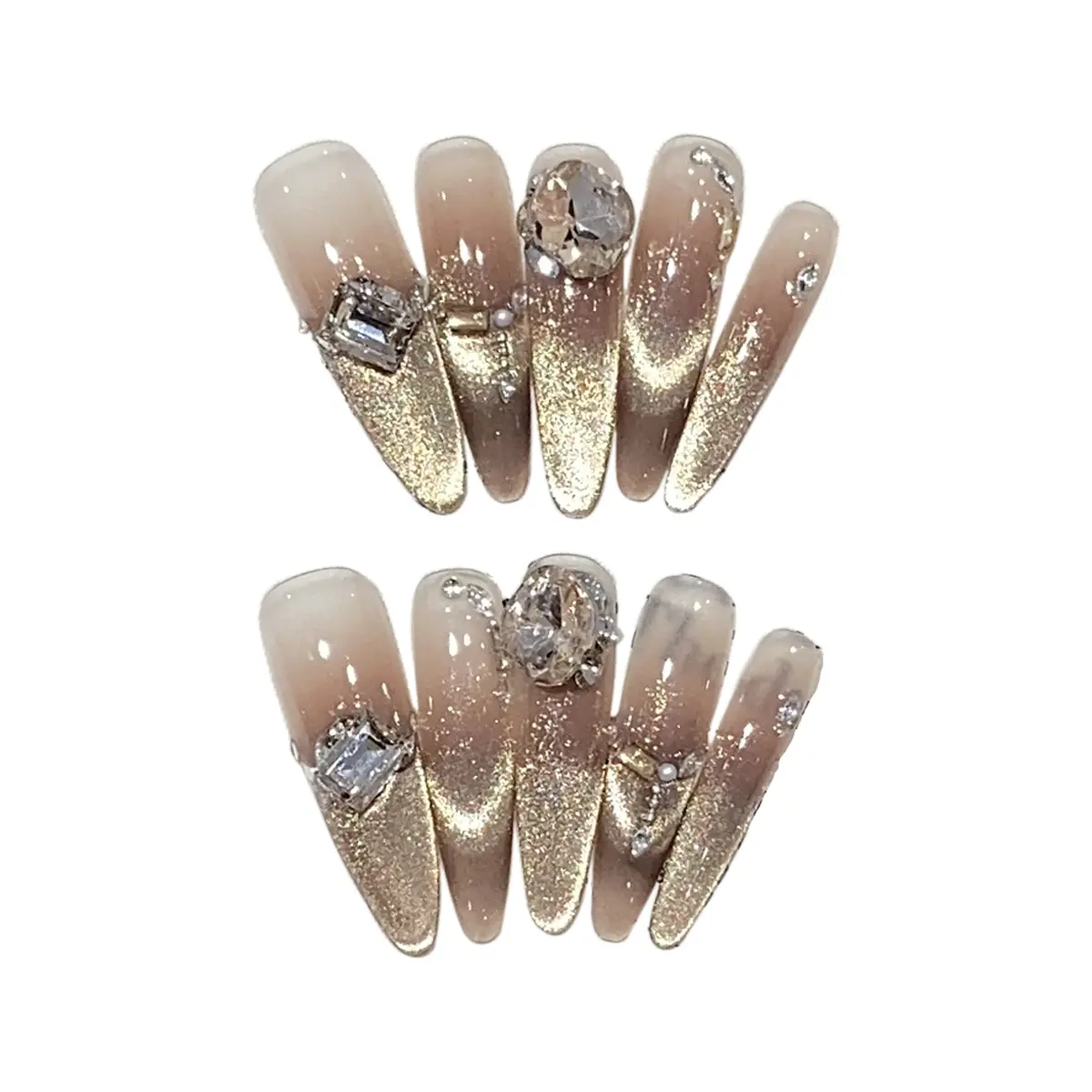 Glamorous Beige-Gold Ombre Long Stiletto Press On Nails With Crystal And Gemstone Accents, 10PCS Handmade Reusable Acrylic Fake Nails For Luxe Sparkle