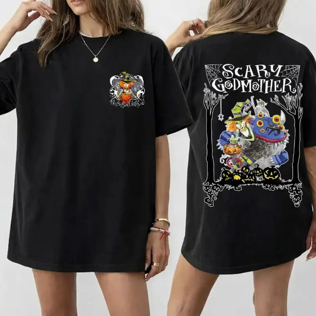 Scary Godmother Halloween Graphic T-Shirt – Witch, Spooky Cartoon Unisex Tee, Pumpkin and Monster Front & Back Print