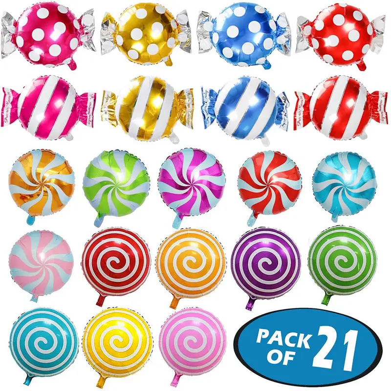 21 Pack Candy Balloons Set, Including 13 Pack Round Lollipop Balloons and 8 pack Candy Shape Balloons, Candyland Party Decorations, Aluminum Balloons For Birthday Wedding Party