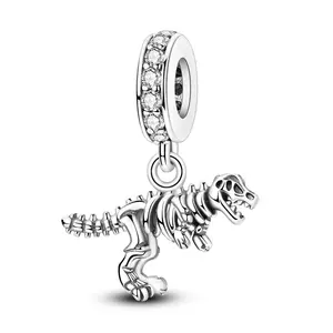MULA S925 Silver Plated Dinosaur Skeleton- Fierce Tyrannosaurus Rex Fossil Pendant, can be used with Pandora bracelets and necklaces, a cool jewelry gift for girls, teenagers, science lovers