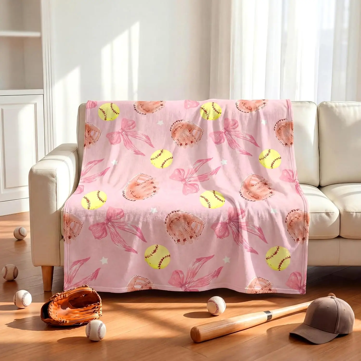 Flannel Weave Pink Softball Bow Blanket - Breathable Soft, Lightweight, Soft Comfy Sport Print Throw for Girls, Multi-Size, Ideal Gift for Birthday, Room Decor, Breathable Soft Blanket, Light Weight Blanket