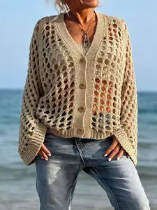 Women's Solid Color Button V-Neck Knit Cardigan Long Sleeve Hollow Out Sweater, Casual Fashion Pullover for Fall & Winter