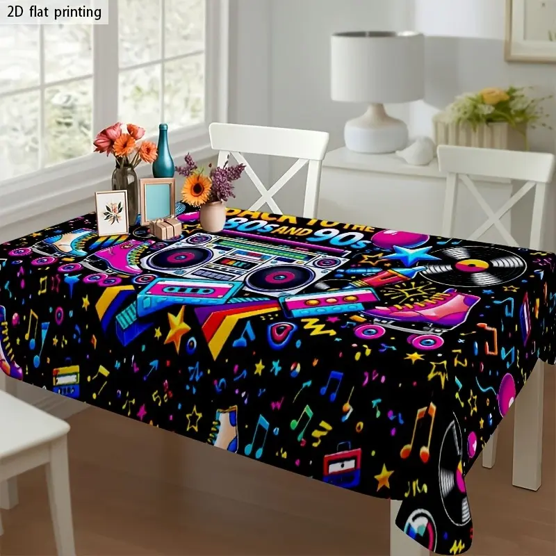 2D Flat Print, 1pc Vintage 80s-90s Neon Music Party Style Printed Tablecloth—Suitable for Party Dining Tables/Bar Counters/Game Rooms/Bedroom Desks, DJ Booth Decoration/Vintage Market Stalls/Themed Birthday Setups, Machine Washable and Easy to Clean