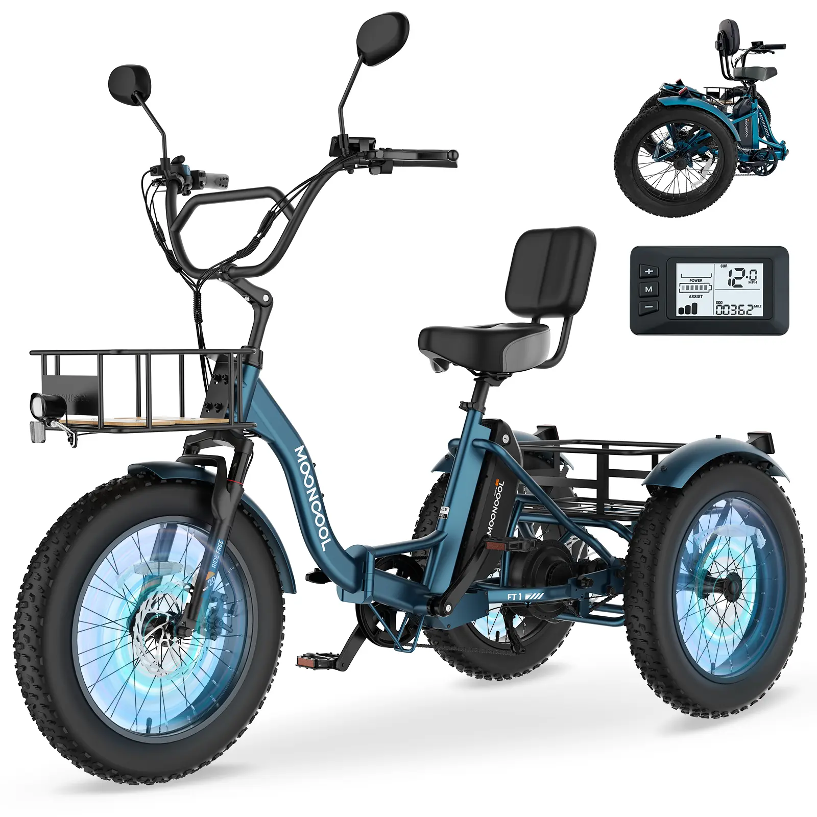 MOONCOOL FT1 Adult Fat Tire Electric Tricycle, 20*4in Off Road Ebike, 48V 14.5Ah Battery, 500W Motor, Aluminum Frame, 7-Speed Transmission, 400lbs Payload, Large Basket, Bike Seat for Outdoor Leisure