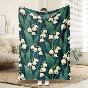Lily of the Valley Pattern Wool Blanket Soft breathable,luxurious bedspread suitable all seasons,featuring elegant patterns of gree and gold lily of valley flowers.It has bohemian style is perfect home decoration for women and couples birthday celebration