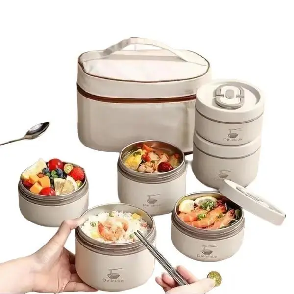 2 Pack Stackable Stainless Steel Bento Lunch Box Set with Insulated Bag, Multi-Layer Leakproof Food Container, Portable Round Meal Prep Box for Office, School & Travel