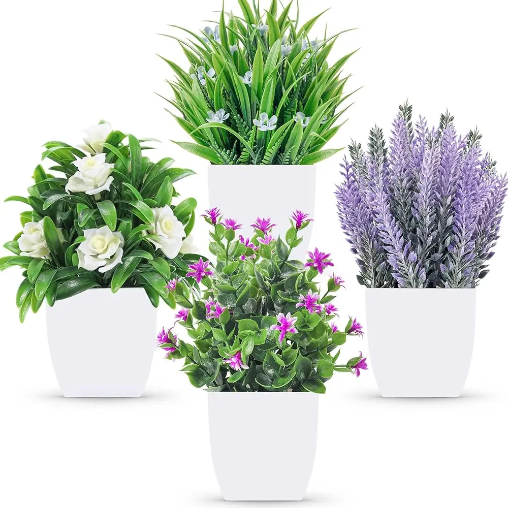 4 Pack Fake Plants Small Artificial Potted Faux Plants with Flowers for Home Bathroom Living Room Office Decor Indoor for College Dorm Desk, Apartment Shelf & New Home Moving Decor, summerwins Mid Year Sale,dorm essentials